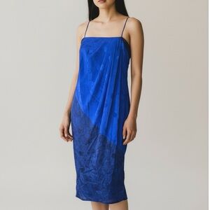 Blue Vintage 80’s Satin Print Rayon Slip Dress Faux Wrap Medium Evening Studio54